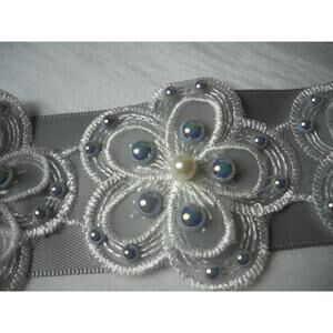 Gray Silver AB Pearl and Lace Appliqued Bridal MOB Prom Party Formal Bealt Sash